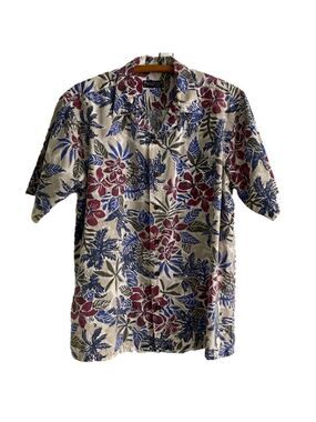 VTG Nautical Shirt Tropical Button Down Short Sleeve Pocket Blue+Red Hues Mens M